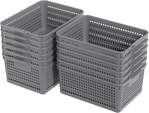 Sandmovie Paquete de 12 cestas de almacenamiento de plástico, organizador de escritorio, cestas de almacenamiento grandes, color gris