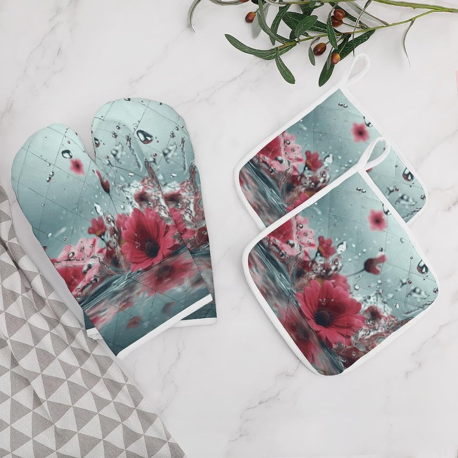Oven Mitts Pot Holders Kitchen Flowers Falling in Water Heat Resistant Oven Glove for Baking and Cooking