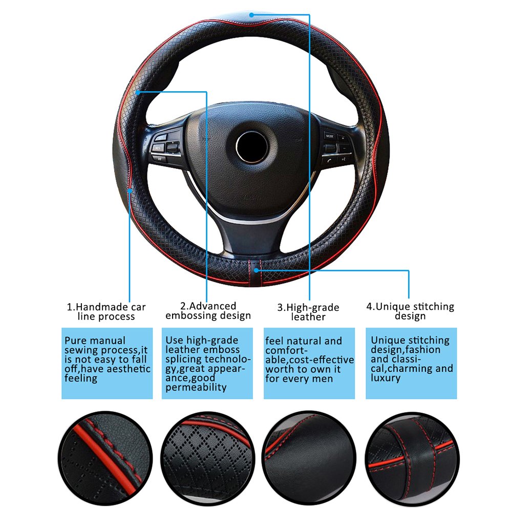 FREESOO Steering Wheel Cover Car, Universal 38CM PU Leather steering wheel cover, steering wheel protector cover, soft steering wheel cover protection anti slip Black Red 131