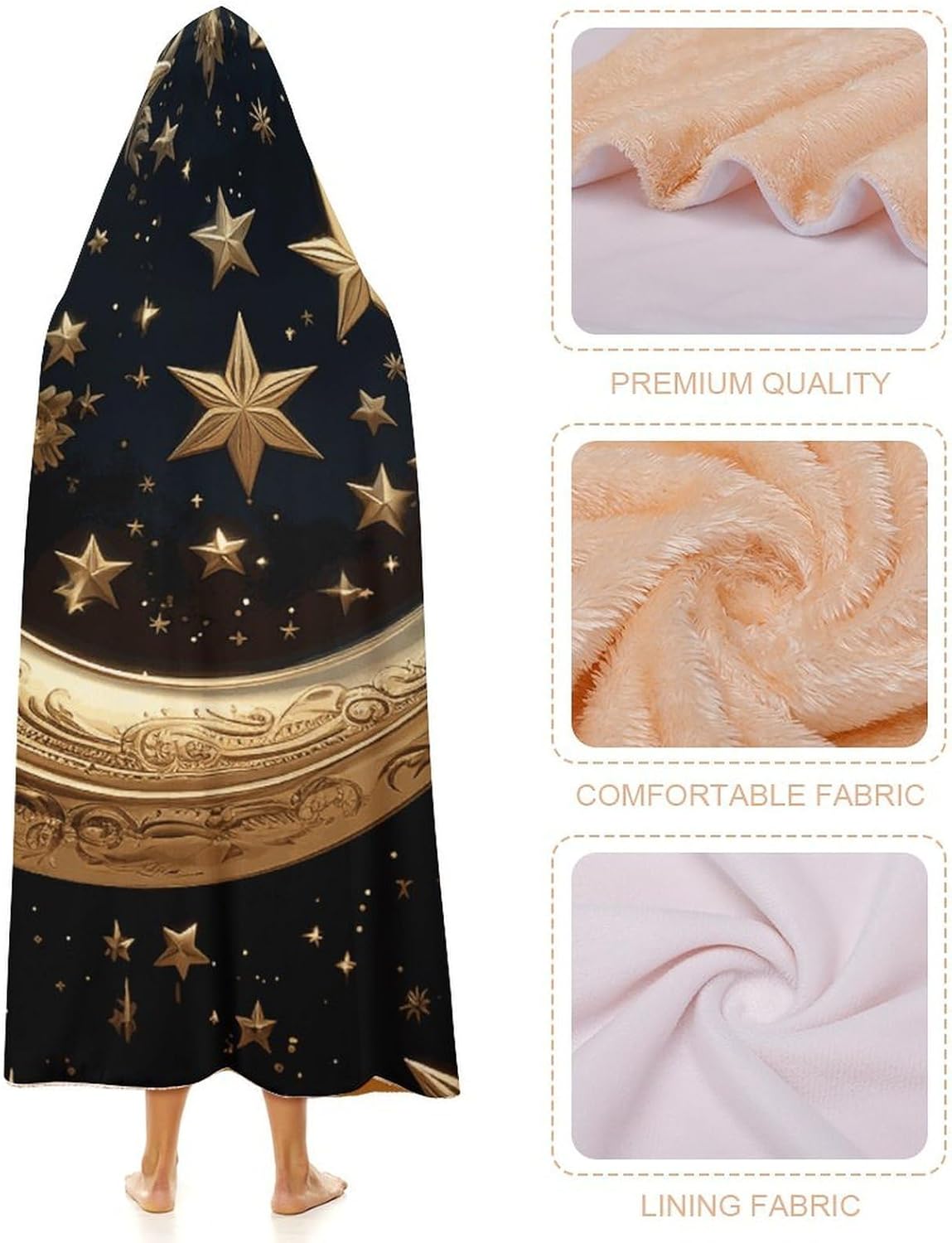 Golden Stars And Moon Wearable Fleece Blanket with Hood for Men & Women Oversized Hoodie Blanket Soft Cozy Gift-