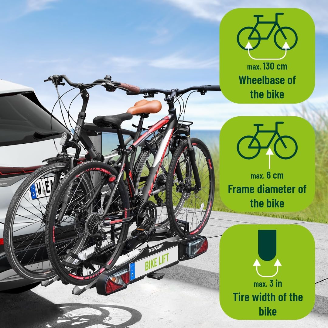EUFAB 11554 Bagażnik rowerowy Bike Lift, nadaje się do rowerów elektrycznych, w pełni zmontowany, elektryczne opuszczanie, ochrona przed kradzieżą, na 2 rowery, na hak holowniczy, 2025 z uchwytami na