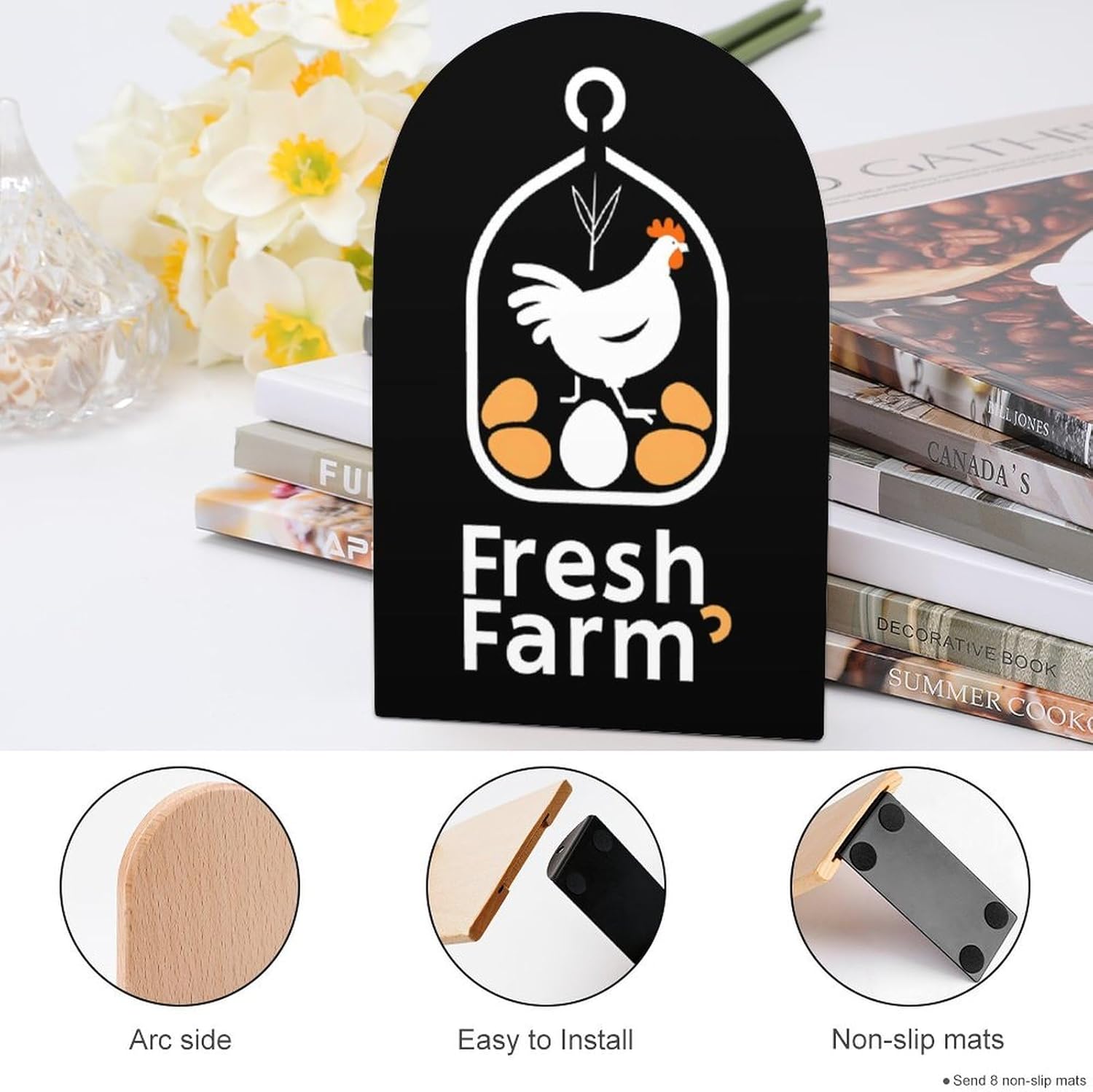 Farm Fresh Eggs Cute Wood Book Ends Decorative Bookends 1 Pair Non-Skid for Shelves Home Office 7 X 5 Inch