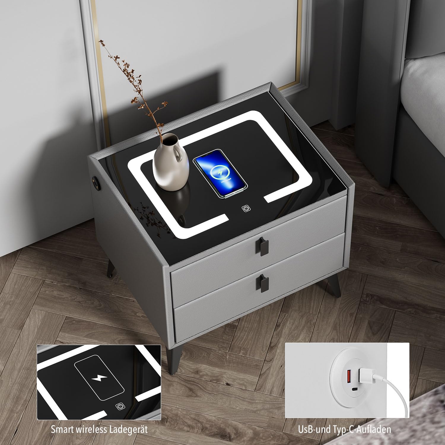 Oyajia Nachttisch Mit Wireless Charging - 3 Schubladen Mit LED-Beleuchtung
