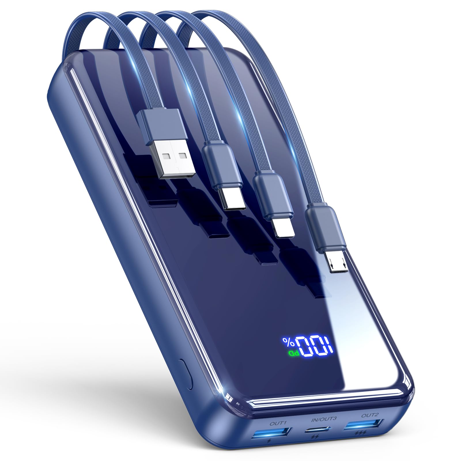 Portable Charger 50000mAh Power Bank Built-in Cable 22 5W PD USB C In Out Fast Charging External Battery