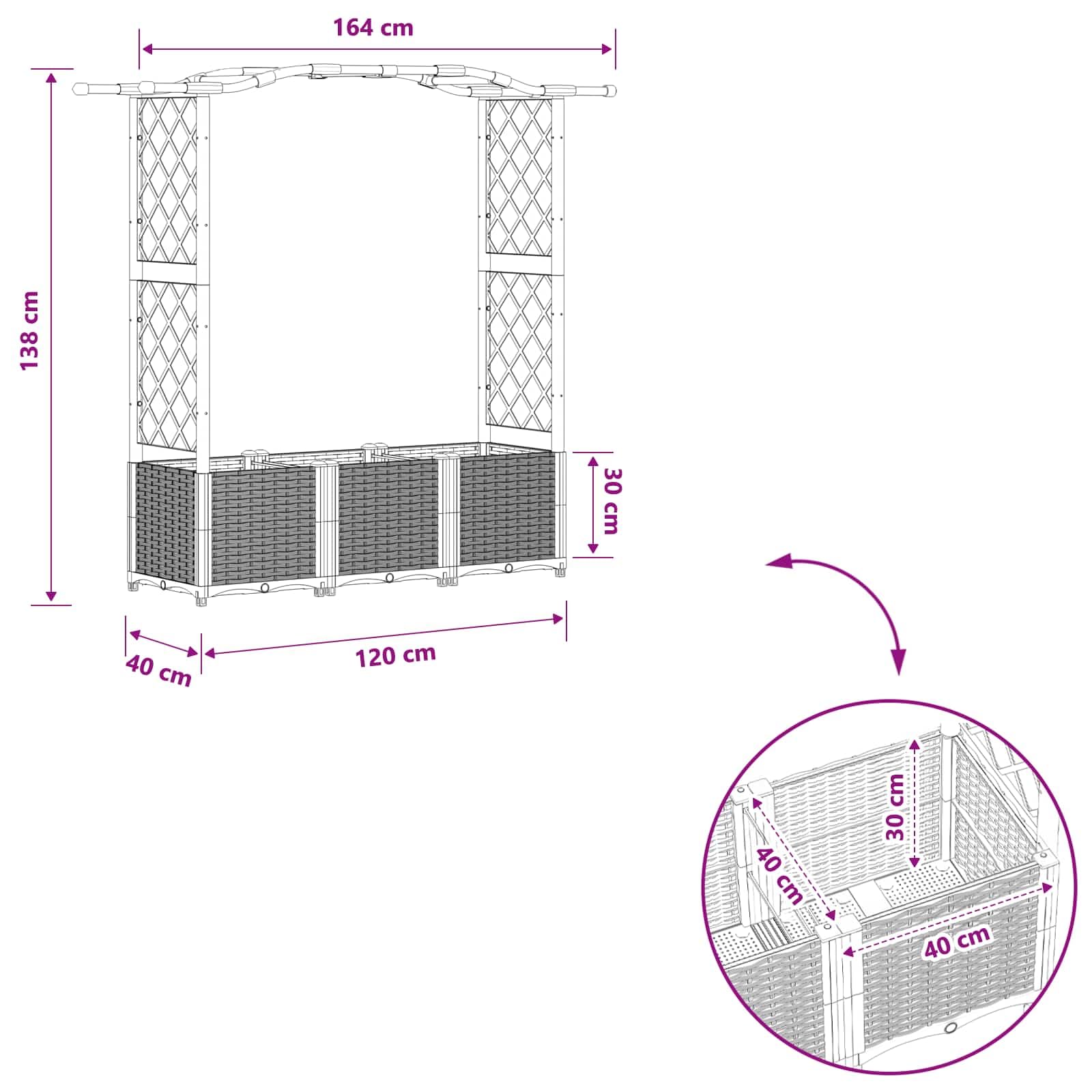 Jardinera con enrejado y techo, maceta de polipropileno gris claro, 164 x 40 x 138 cm, resistente a la intemperie para terraza y balcón, con orificio de drenaje y almacenamiento de agua para