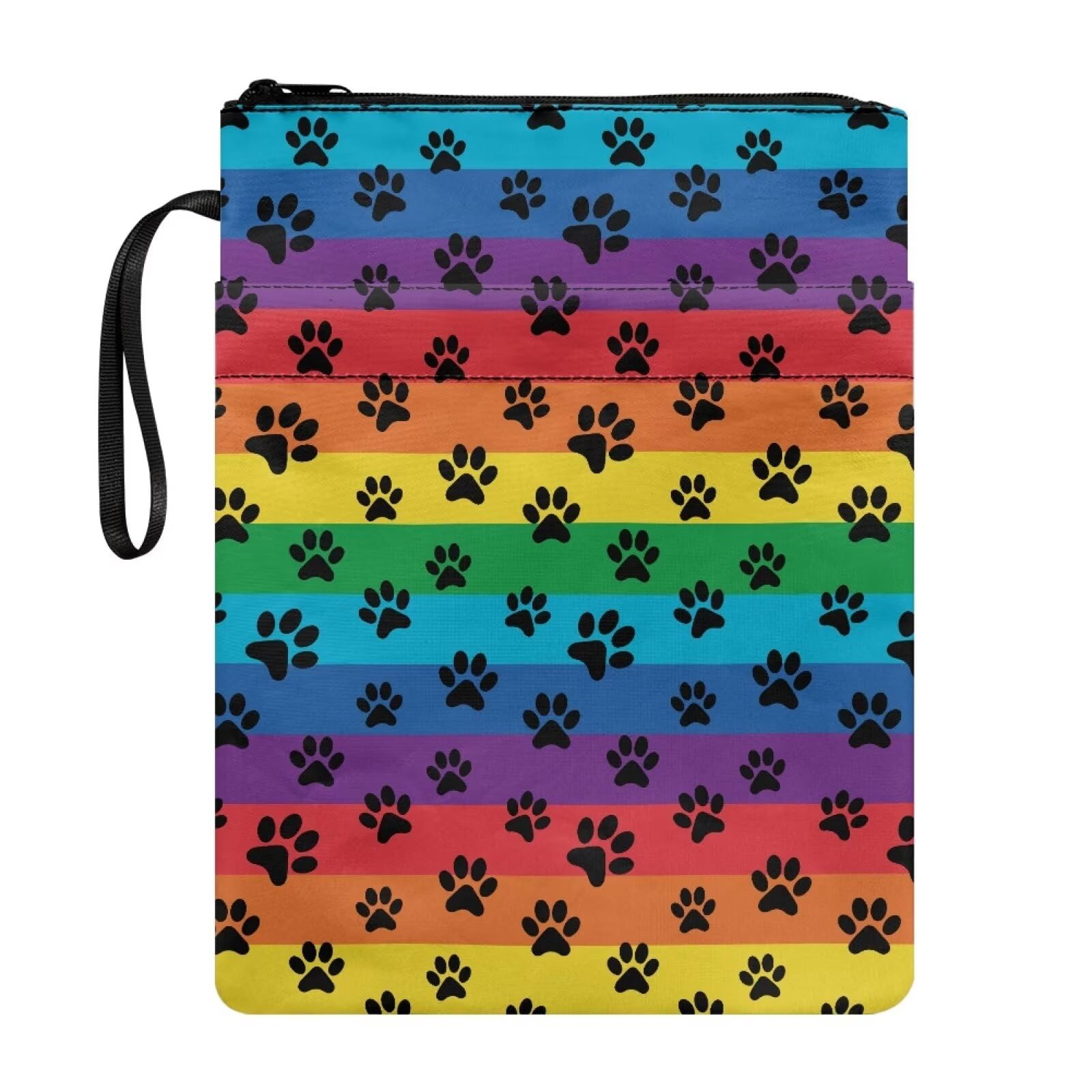 Wanyint Book Sleeve Book Cover Washable Book Protector with Zipper and Front Pocket 11.7 x 8.4 Inch for Bookworm Librarian, Paw Rainbow Stripes