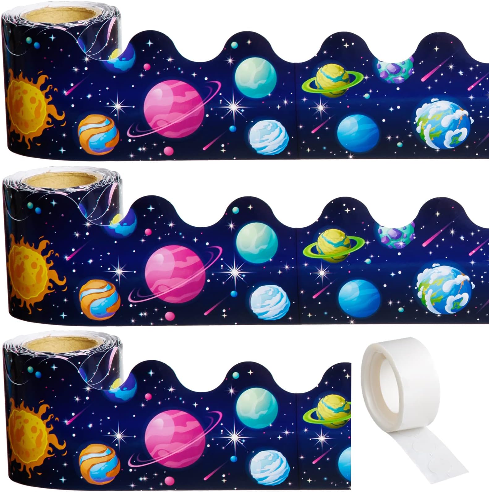 99 Feet Galaxy Bulletin Board Border, 3 Rolls Outer Space Scalloped Borders Trim Night Sky Classroom Bulletin Board Border Trim for Back to School Chalkboard Whiteboard Decorations