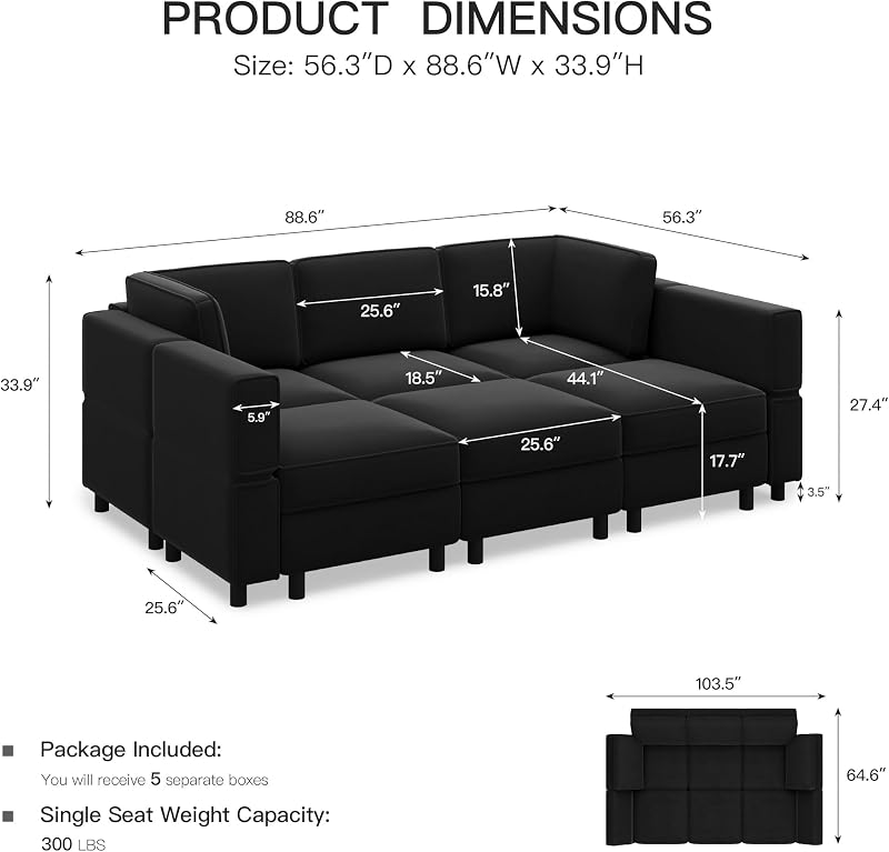 Belffin Modular Velvet Sectional Sofa with Chaise Lounge Sectional Sleeper Sofa with Storage Chaise Sofas Bed Couch for Living Room Black image 2