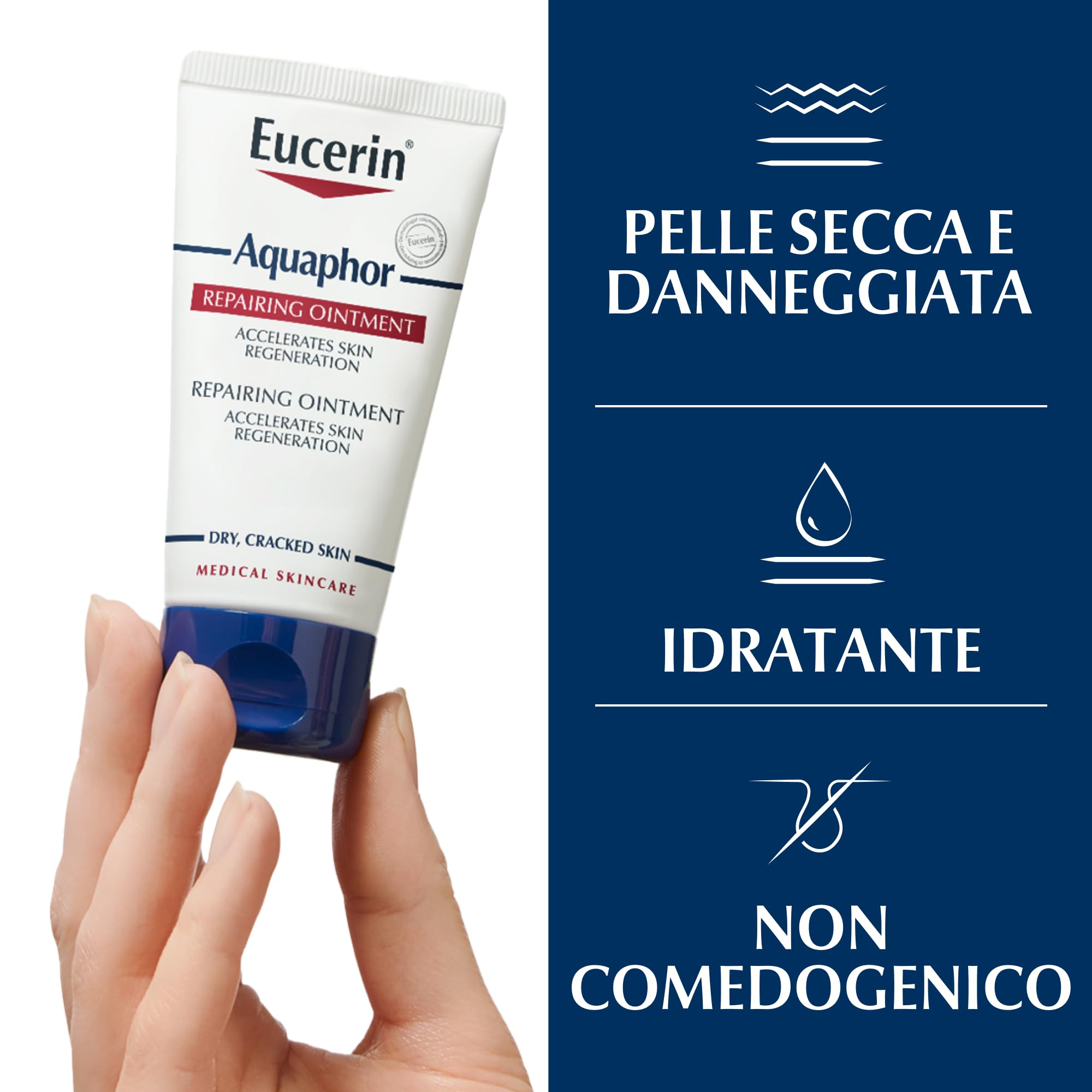 Eucerin Aquaphor Trattamento Riparatore 45 ml, Crema idratante corpo e viso per favorire il processo di guarigione,, Crema corpo idratante pelle secca e screpolata senza profumo
