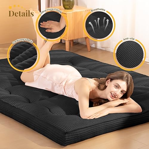 Miniatura 3 de Colchón japonés para suelo, colchón de futón de 4 pulgadas de grosor tamaño matrimonial, almohadilla de suelo plegable de pana, tapete de tatami