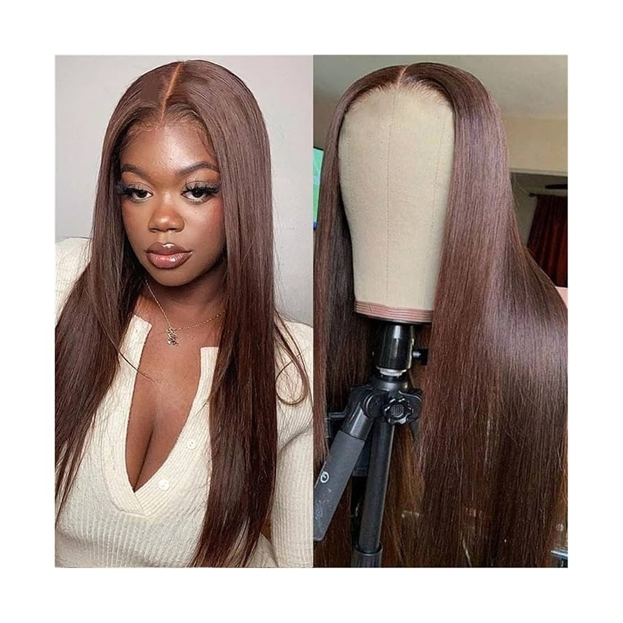 新品！ 人毛ダークブラウン ストレートウィッグ ヘアウィッグ人毛ストレート人毛レースウィッグ黒人女性用13x4