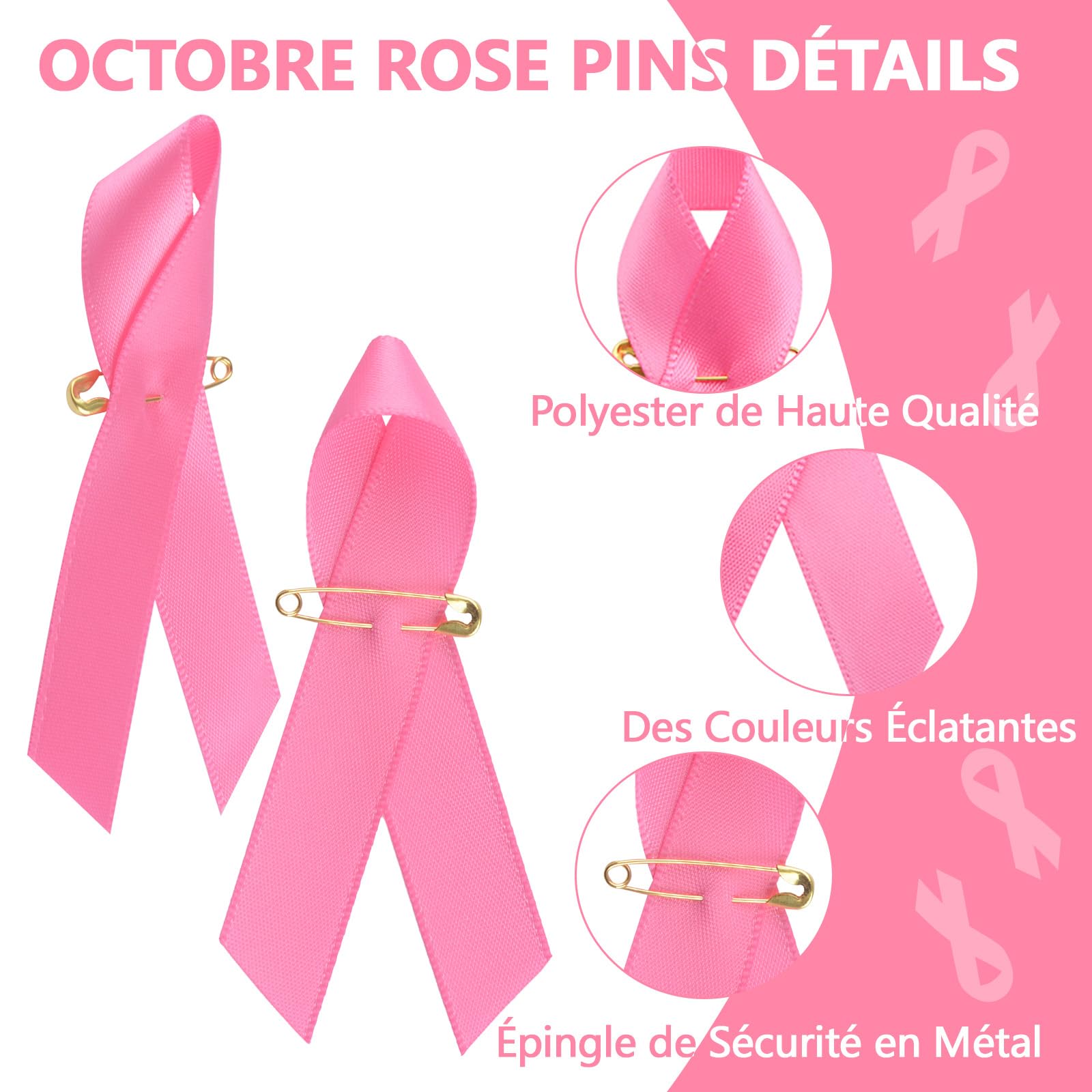 WANDIC 500 PCS Pin's Octobre Rose,Broche Octobre Rose Decoration pour la Sensibilisation au Cancer du Sein Épingles Badge à Ruban en Polyester Accessoires pour Les Activités Caritatives Femme