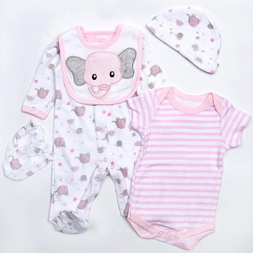 Ropa de muñeca Reborn para muñecas de 17 a 22 pulgadas, lindo elefante rosa, conjunto de ropa para muñecas recién nacidas, paquete de 5 piezas