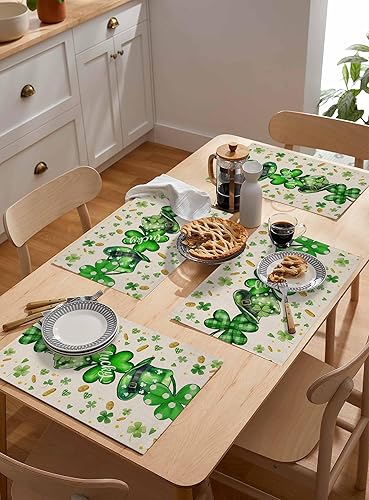 Miniatura 5 de Juego de 6 manteles individuales para el día de San Patricio, manteles individuales antideslizantes con diseño de tréboles de primavera y trébol de