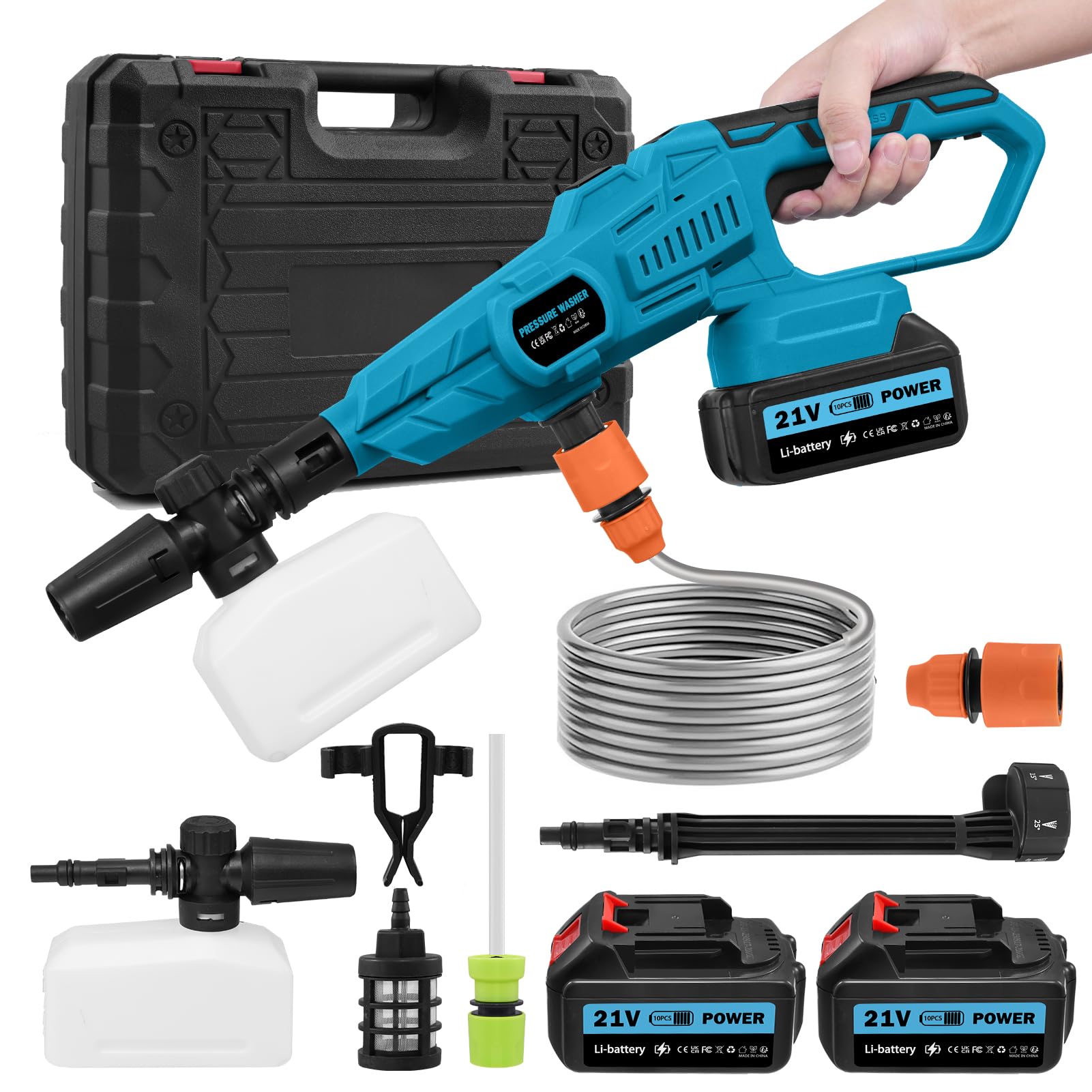 21V 120Bar Mobile Akku-Hochdruckreiniger mit 2 Akku 3000mAh, 6 in 1 Kabelloser Hochdruckreiniger mit 5M Schlauch, Strahlreiniger für Gartenreinigung, Boden-, Auto-