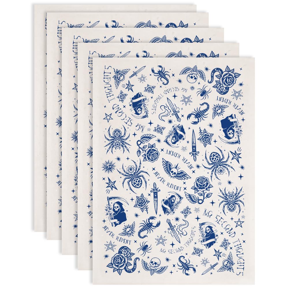 SUPERDANT 5 Pack Gothic Underglaze Transfer Tattoo Elements Ceramic Transfer Paper 20.5x16inch/52x37cm for Handmade Pottery Gift Making and DIY Ceramic Tableware Decorating Blue