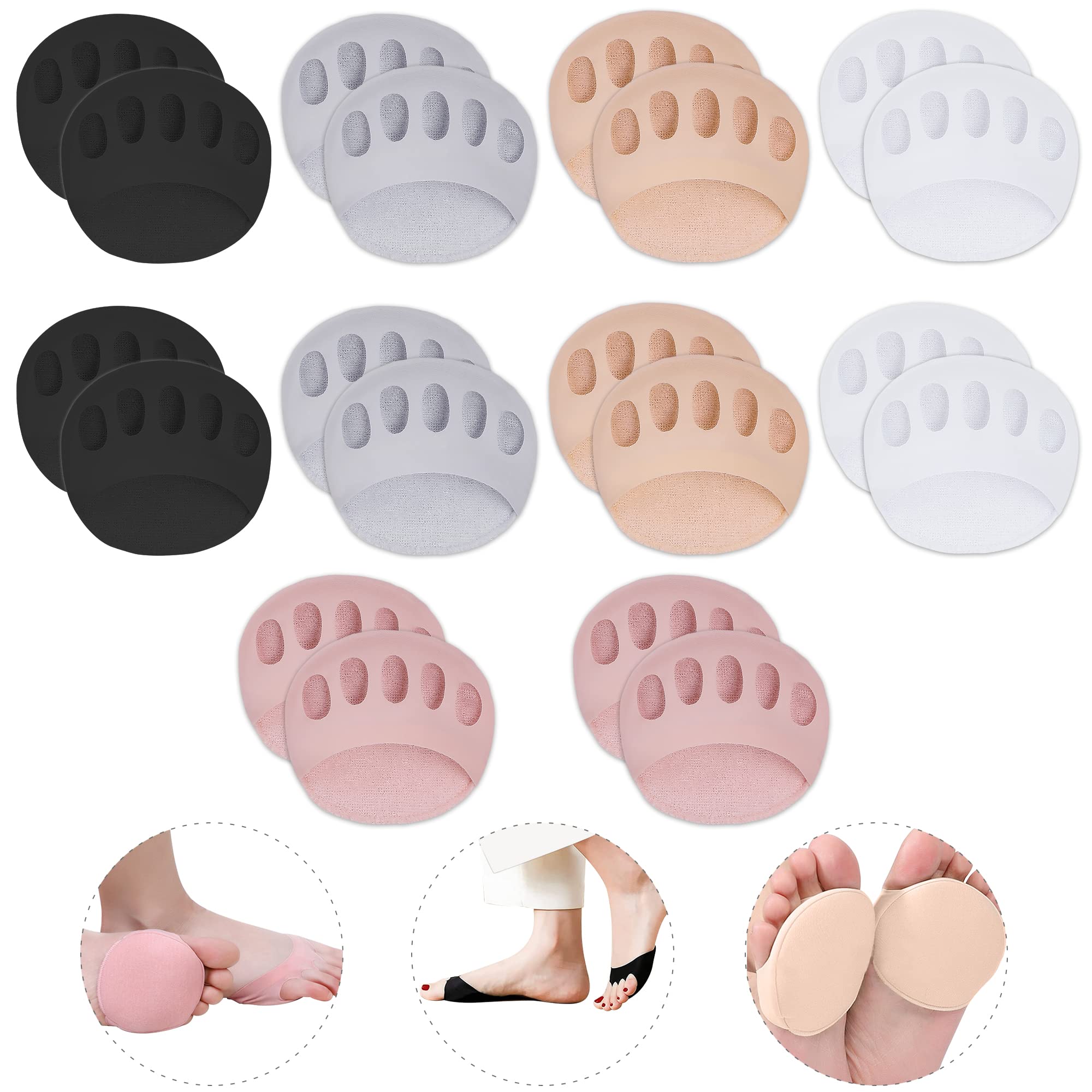 Ball of Foot Cushions Honeycomb Fabric Metatarsal Pads Invisible Socks Pads for Women and Men Reusable Forefoot Pads, 5 Colors (10 Pairs-(Black-Beige-Gray-White-Pink))