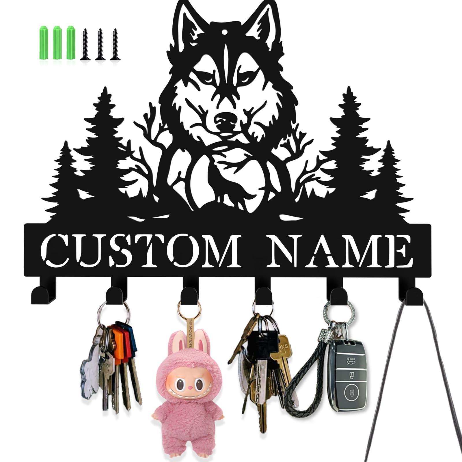 ShowMtheM Personalized Key Hooks for Wall,Custom Name Mighty Wolf Key Holder Wall Mounted,Fashion Coat Rack,Metal Key Hanger with Hooks,Key Rack