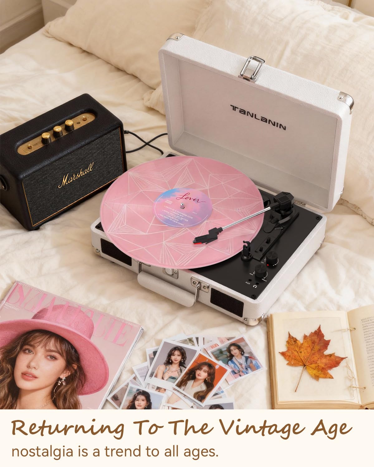 Tocadiscos de vinilo con altavoces integrados, tocadiscos Bluetooth de 3 velocidades para discos de vinilo, tocadiscos retro de maleta con control de graves y agudos, salida RCA AUX, conector para auriculares, elegante opción de regalo 6
