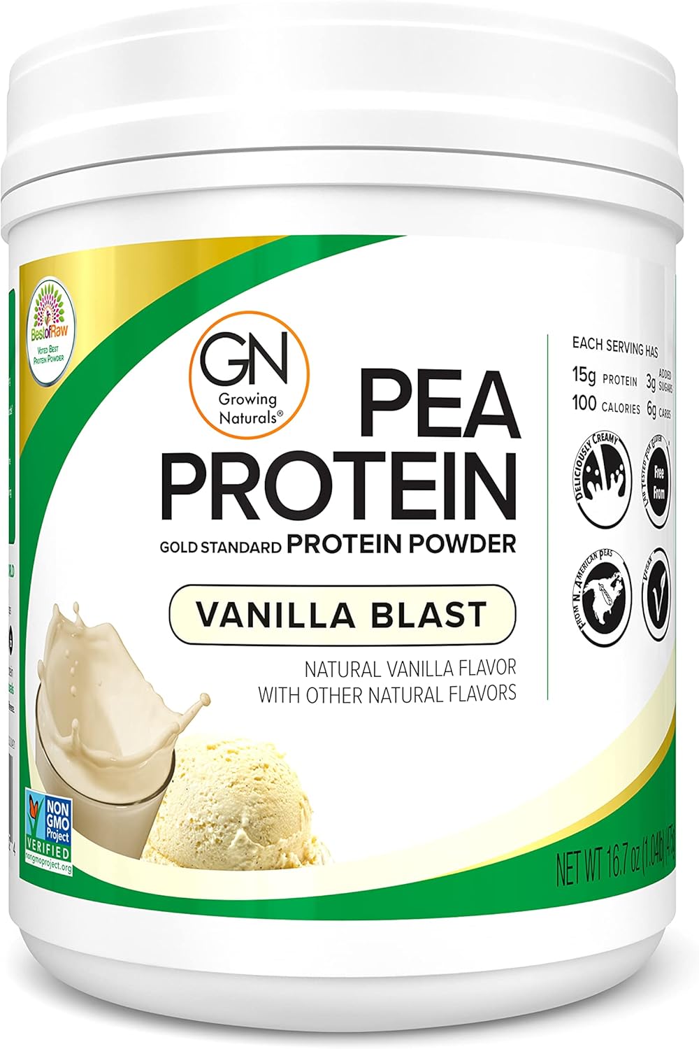 Plant Based Protein, Vanilla Gold Standard Raw Pea Protein Powder - Non-GMO, Vegan, Gluten-Free, Keto Friendly, Shelf-Stable (Vanilla Blast, 1 Pound (Pack of 1)) : Health & Household