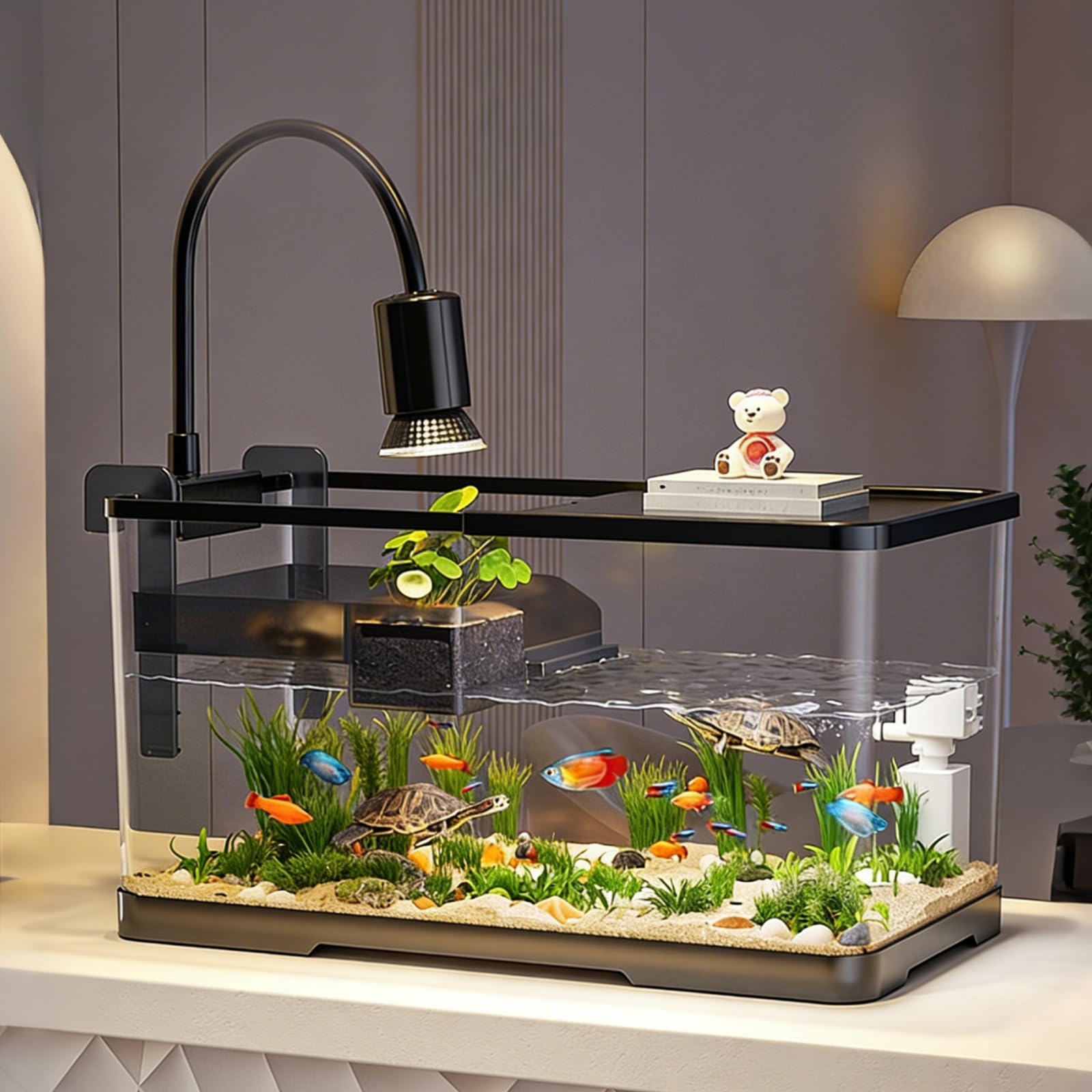 Terrarium Tortue avec Plateforme de Repos et Lampe, Aquarium Tortue Deau avec Plateforme de Repos Suspendue, Petit Terrariums pour Tortues avec Couvercle, Turtle Tank pour Reptiles Amphibiens