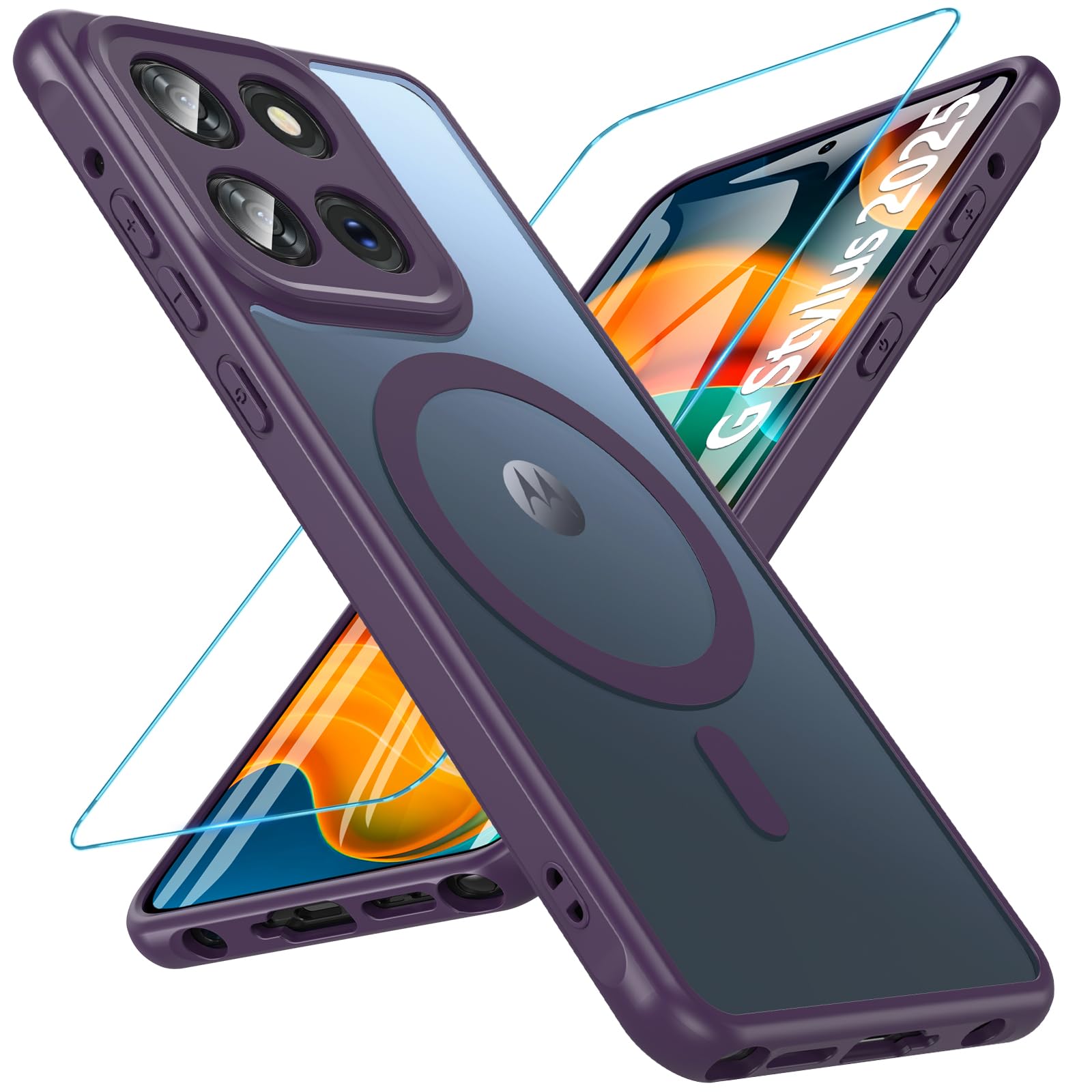 BESINPO Magnetic for Motorola Moto G Stylus 5g 2025 Case with Tempered Screen Protector, (Compatible with MagSafe) Shockproof Military Drop Translucent Matte Cover for Moto G Stylus 5g 2025,Purple