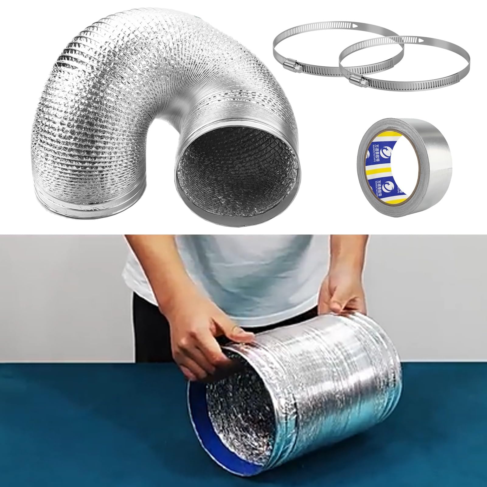 Manguera de Ventilación Manguera de Ventilación Expandible para Secadora para Espacios Reducidos, Conducto Flexible con Abrazaderas y Cinta de Aluminio, Manguera de Escape de Garaje para extractor(170