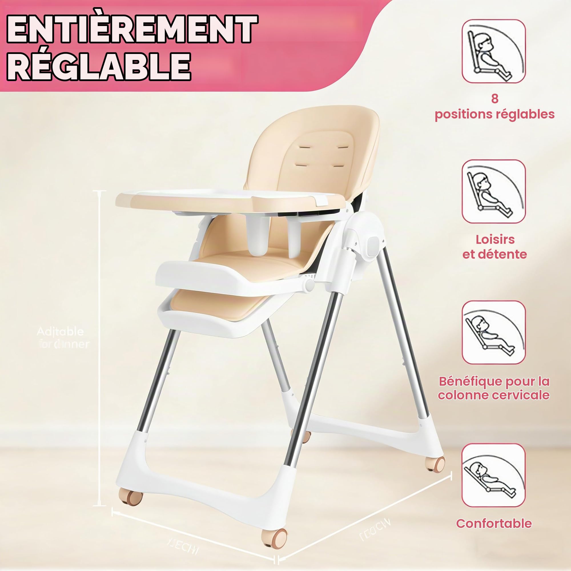 Chaise Bébé Pliante, Chaise Haute 4-en-1 Réglable en Hauteur, Siège Bébé avec Plateau Amovible, Roulettes & Harnais 5 Points, Chaise Haute Évolutive (Beige)