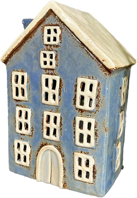 Darthome Ceramic Blue House Tea Light Candle Holder Retro Cottage White Roof Ornament Art 18cm