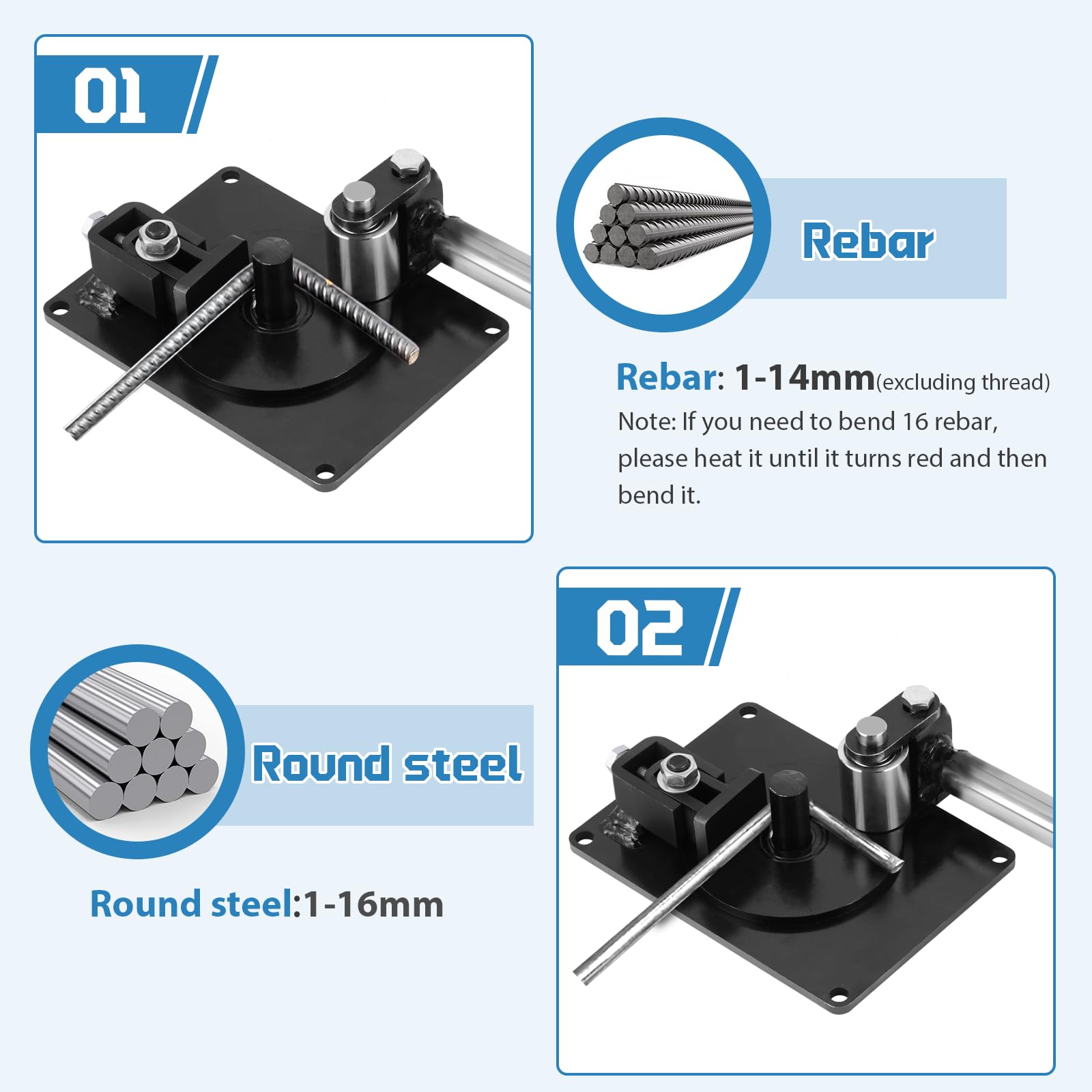 MXBAOHENG Dobladora Manual de Barra de Acero de 1-16 mm Doble Partición Dobladora Hierro Herramientas de Barra de Refuerzo de Mano de Metal para refuerzo de acero redondo, hierro plano y otros metales