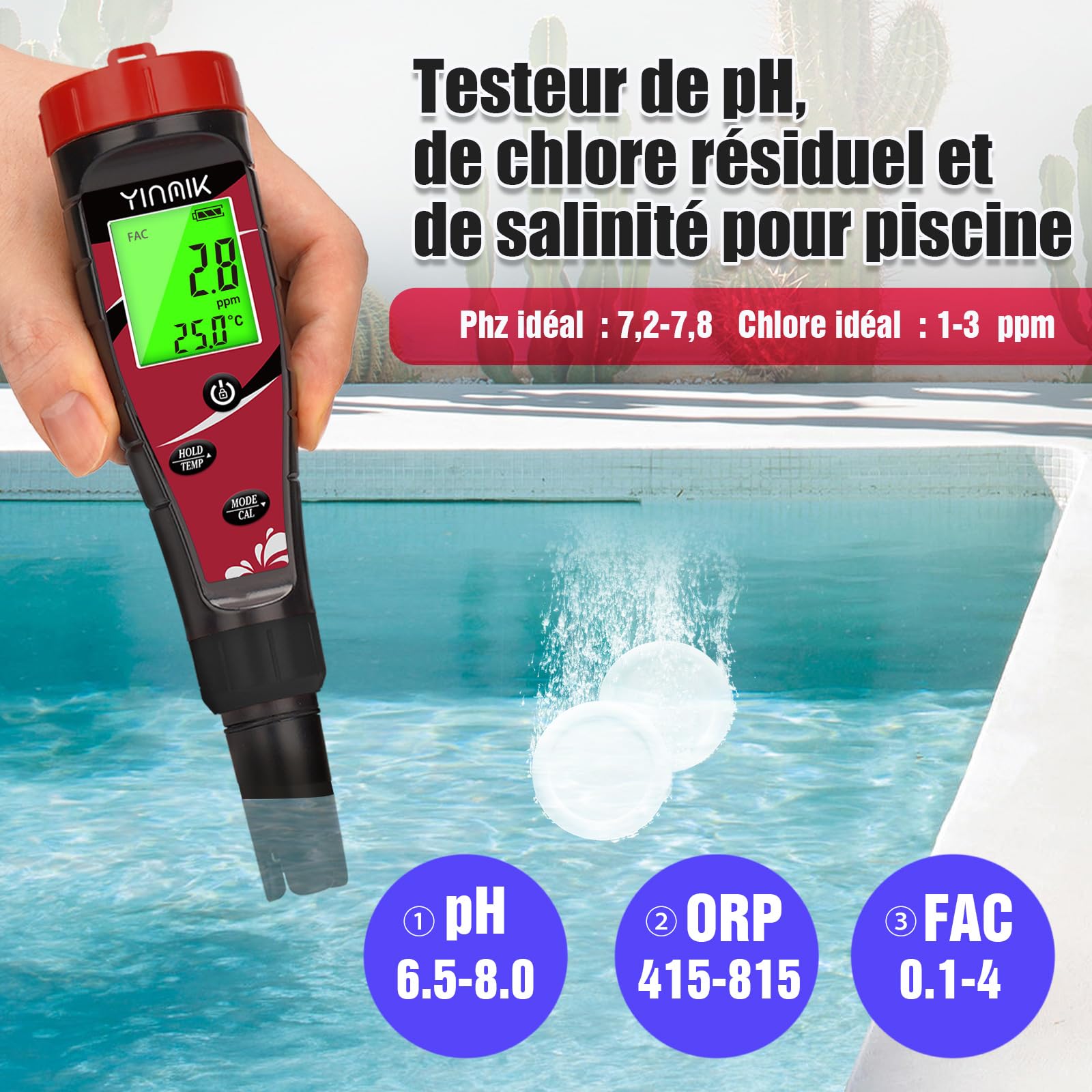YINMIK Testeur pH et Chlore Piscine Testeur de sel avec kit d'étalonnage | 7 en 1 Test Chlore-Salinité, ORP, EC, TDS, Température avec ATC,Haute Précision pour Piscine/Spa/Eau Potable/Hydroponie