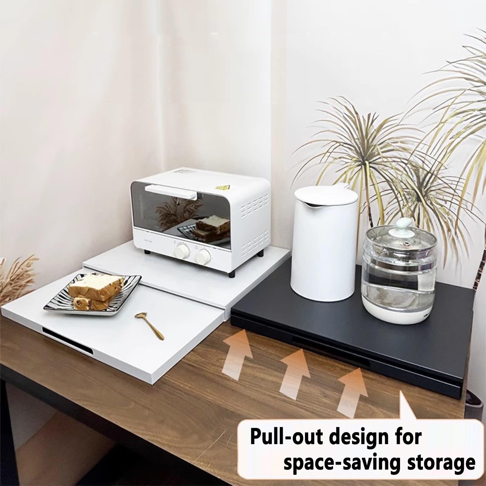 Support de Comptoir pour Micro-Ondes, Acier Organisateur Coulissant et Rétractable pour Micro-Ondes, Station À Café et Rangement D'appareils Électroménagers Étagère Extensible, Blanche