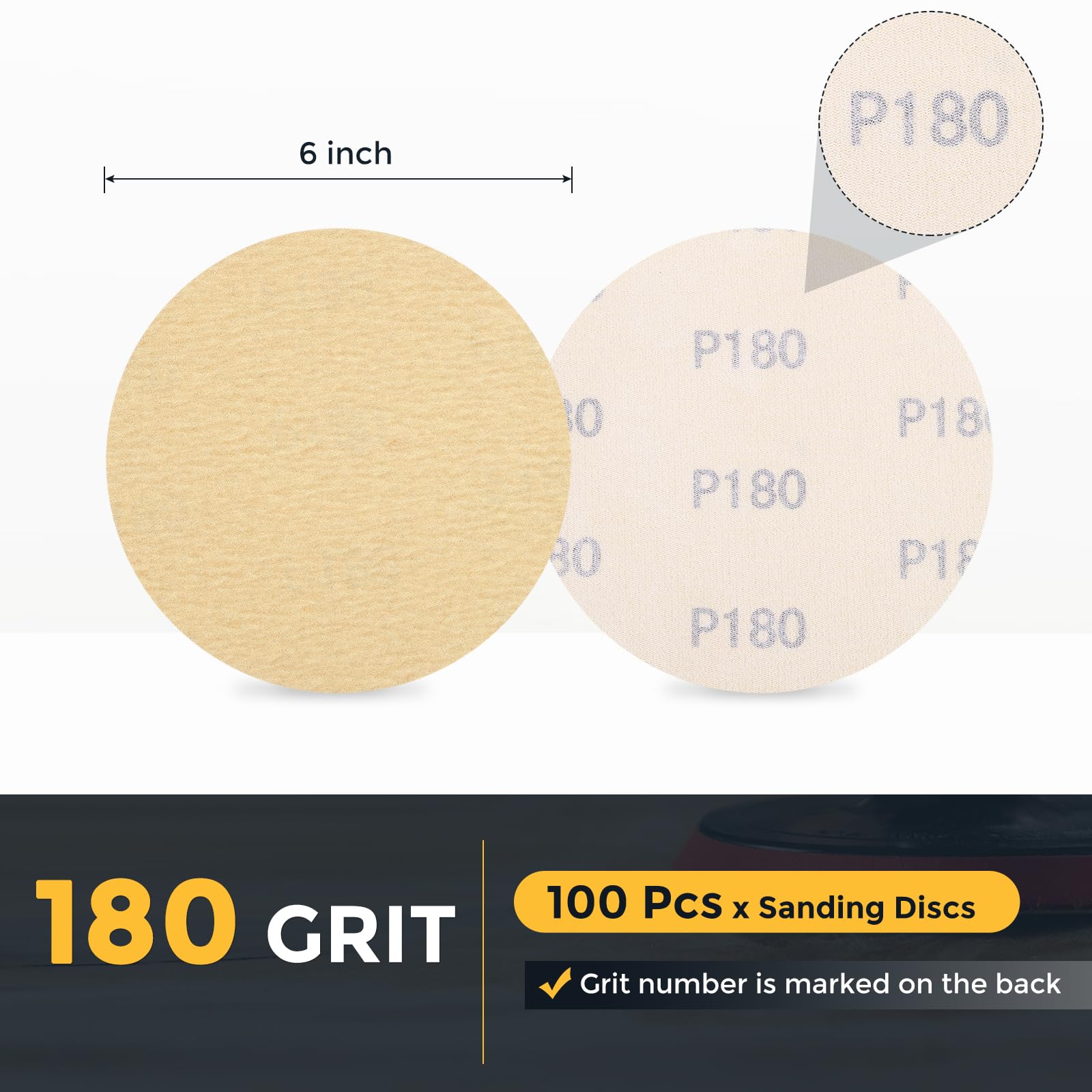 QUARKZMAN 100Pz Dischi Levigatura 150mm 6" Levigatrice Orbitale Casuale Oro | 180 Grana Carta Vetrata a Gancio e Anello, per Lavorazione Legno Automobilistico Metallo