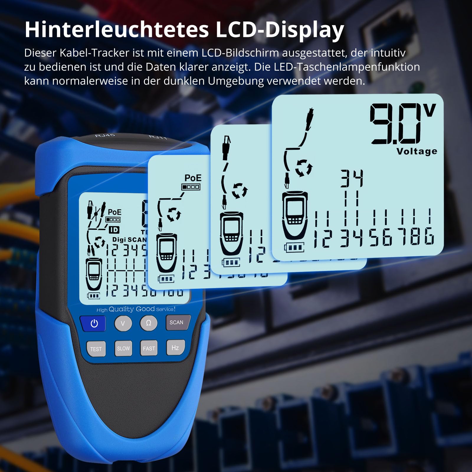 RJ45 Herramienta de Crimpado con Probador Red, Kit de Herramienta de Red Alicates de Crimpar y Probador de Cable con POE Rastreador de Cables Multifunción de Red RJ45/POE con LCD