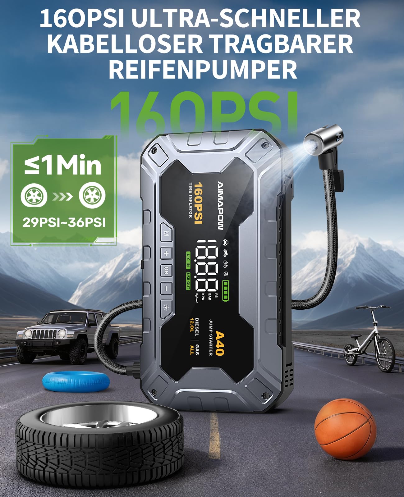 AIMAPOW Starthilfe Powerbank für Pkw mit Kompressor 8000A 160PSI Auto Starthilfe Powerbank für All Benzin und 12.0L Dieselmotor,Starter Powerbank Eingang/Ausgang und 600LUM LED-Licht