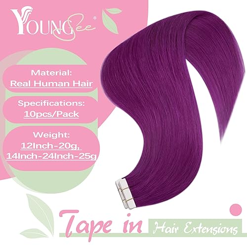 Miniatura 2 de YoungSee Extensiones de cabello humano con cinta morada de 12 pulgadas, extensiones de cabello humano Remy con cinta adhesiva, 10 unidades,
