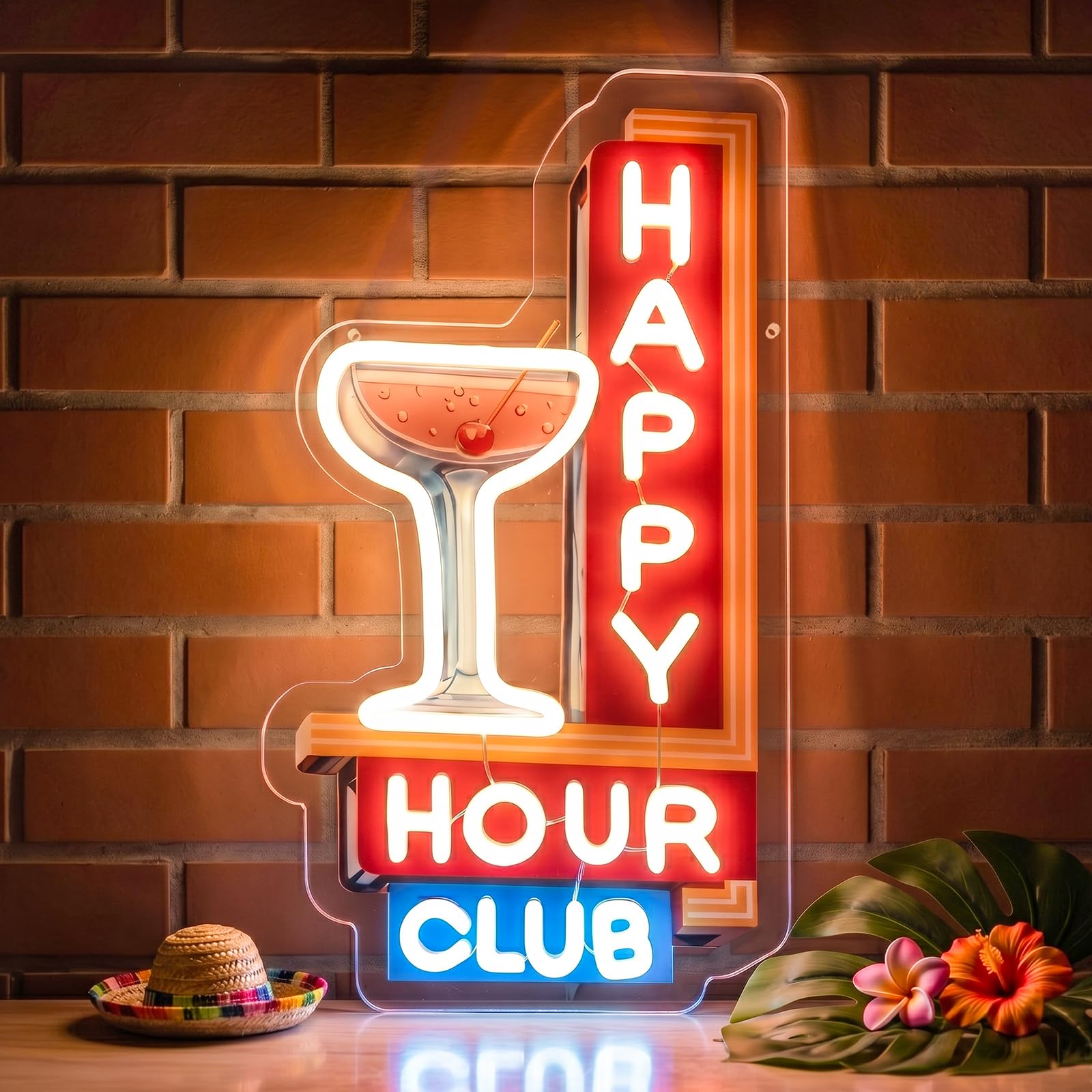 Happy Hour Club, insegna al neon per decorazione da parete, design retrò per cocktail bar, design UV, luce a LED, alimentata tramite USB, con interruttore dimmerabile, per bar, club, feste, casa