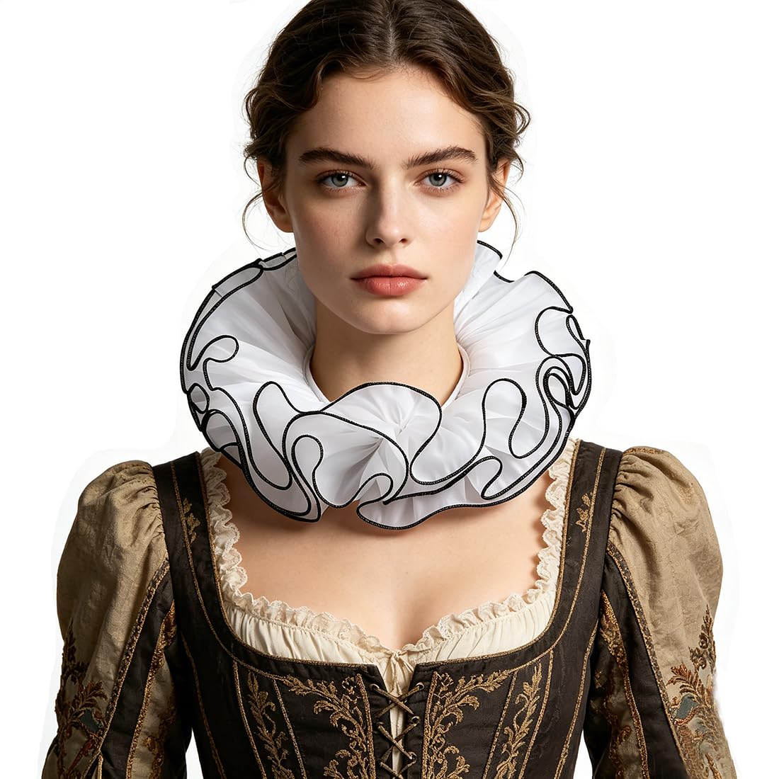 FakeFace Victorian Layered Ruffle Collar Detachable Vintage False Collar Gothic Renaissance Steampunk Clown Ruffled Neck Costume for Carnival Cosplay Party Accessories (White-black trim, one size)
