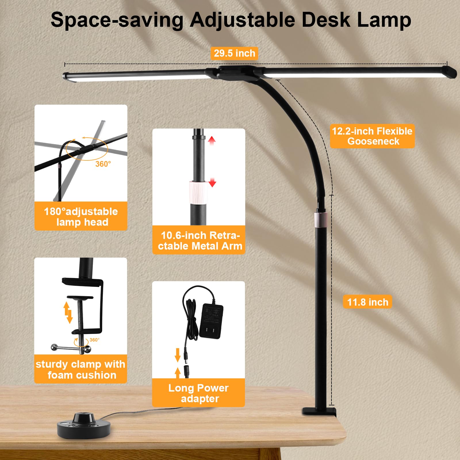 Woputne Desk Lamp with Clamp, Super Wide & Bright, 5 Color Modes x 10 Brightness Levels, 24W Eye-Caring - Image 3