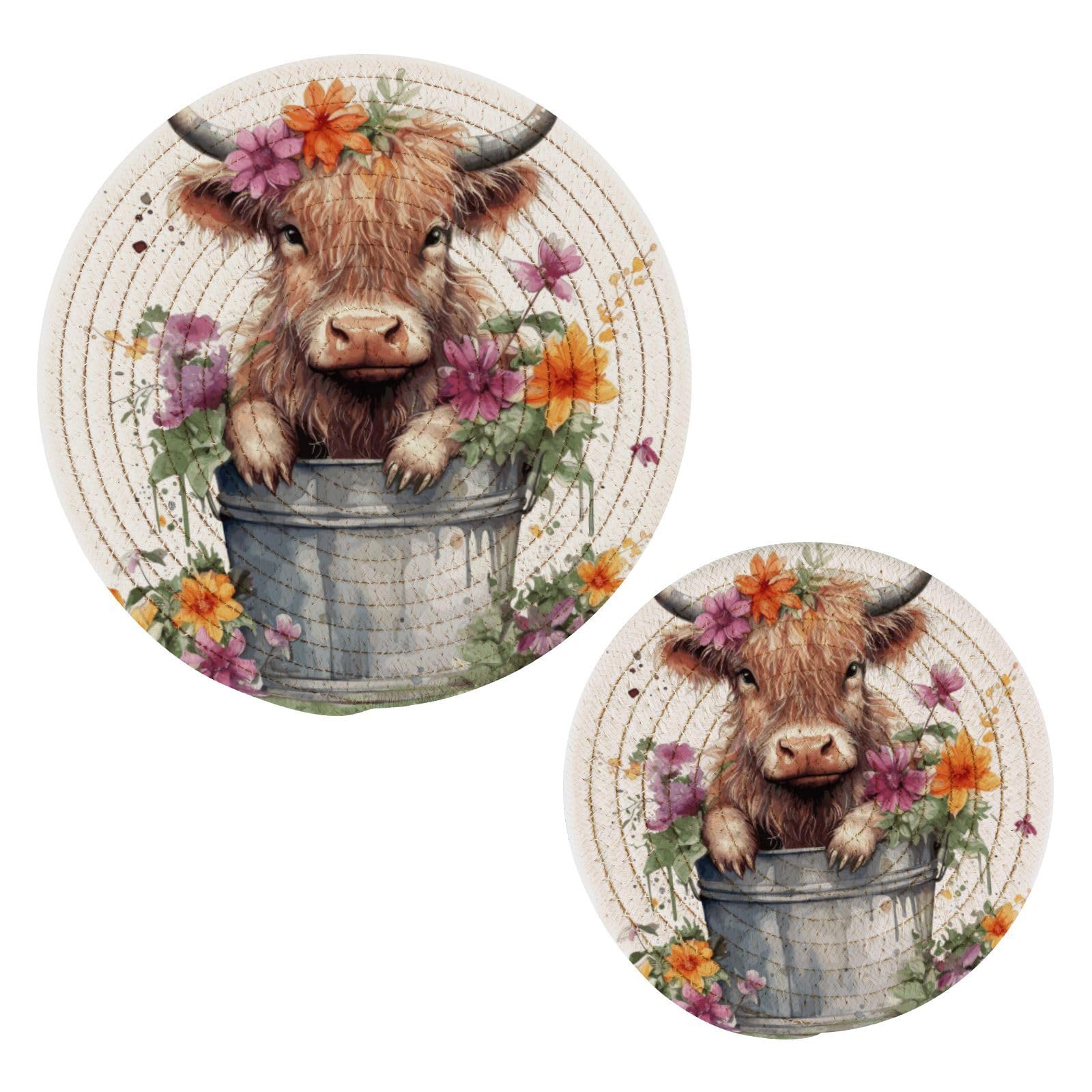 susiyo Cute Baby Highland Cow with Flowers Pot Holders Trivets Set of 2 Pcs Hot Potholders Cotton Hot Pads for Cooking
