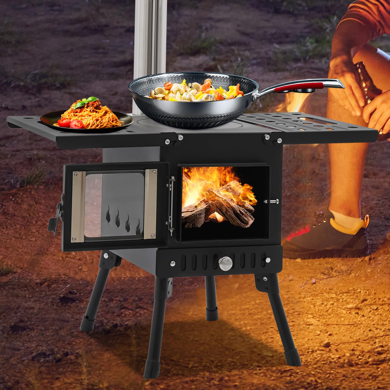 Zeltofen Tragbarer Holzofen Outdoor 55x39x34cm Camping Ofen Zusammenklappbar Outdoor-Küchenofen 36-56cm Höhenbereich Verbrennungslöcher mit Halbvergasung