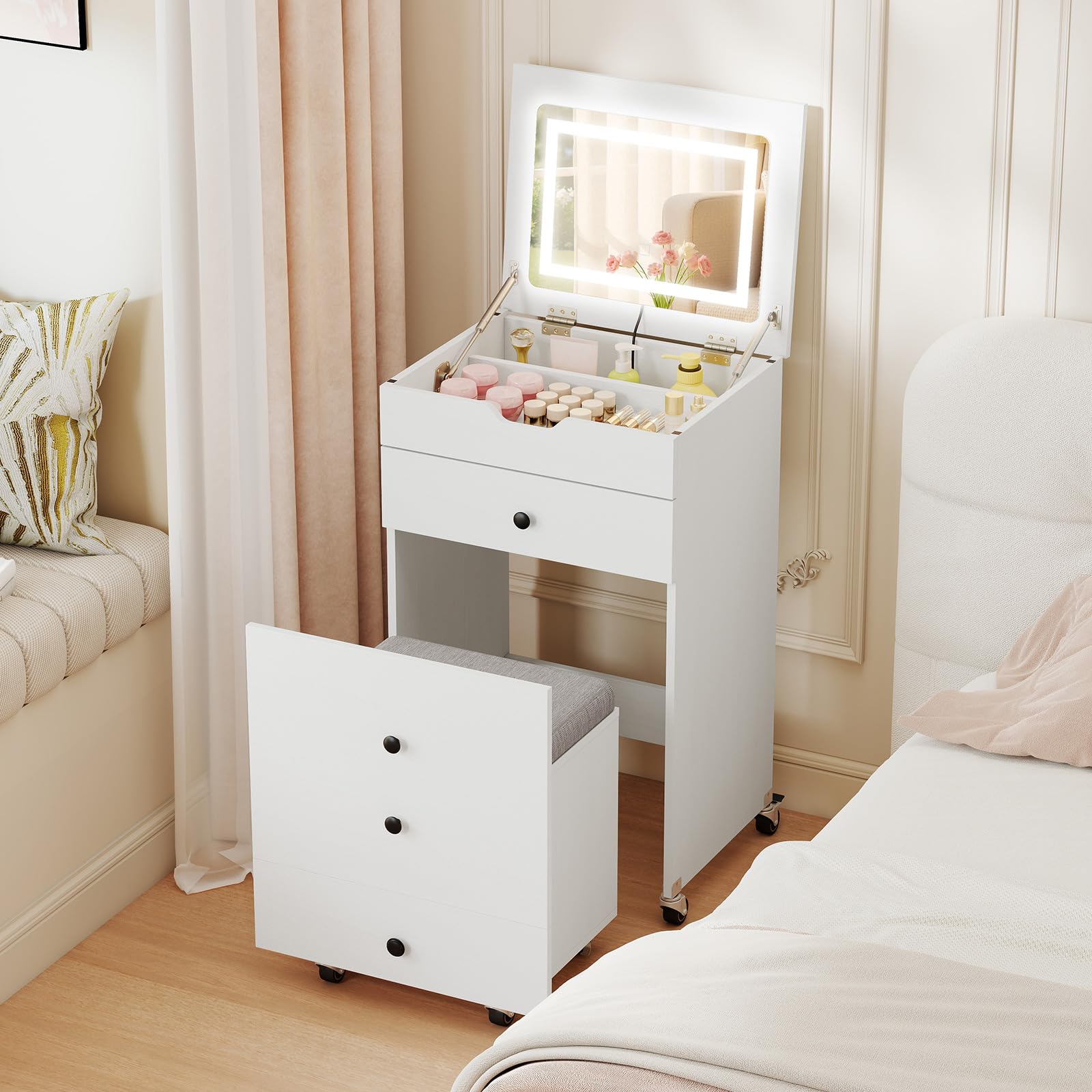 COSTWAY Small Dressing Table with Flip-top LED Mirror and Cushioned Storage Stool, 50cm Compact Integrated Makeup Table Vanity Desk Set with 3-Color Lights, Drawers & Wheels for Bedroom (White)