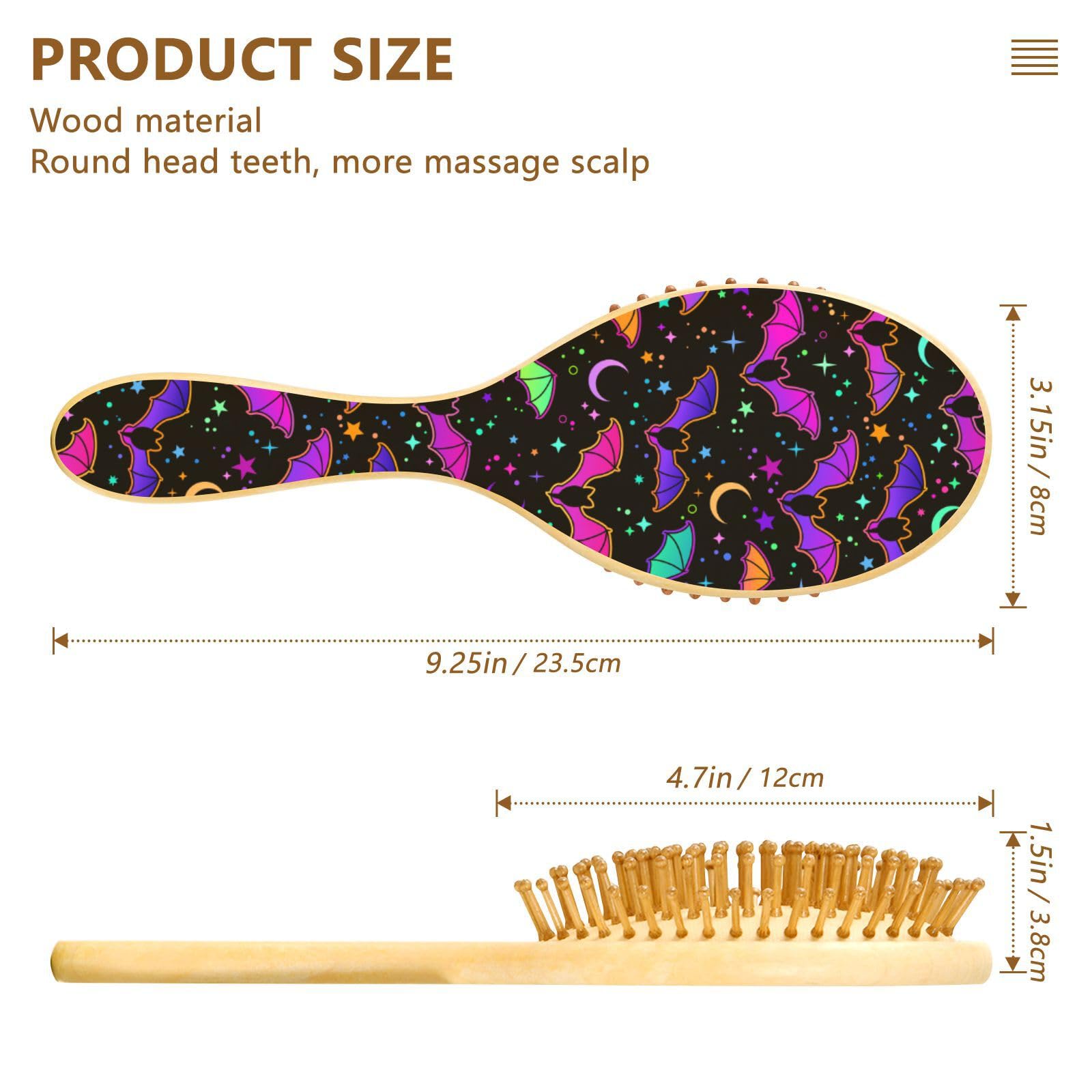 Wooden Hair Brush, Purple Bright Bat Gothic Hairbrush for Long Short Curly Thick Thin Hair,Women Men Boys Girls Hair Brush - Image 3