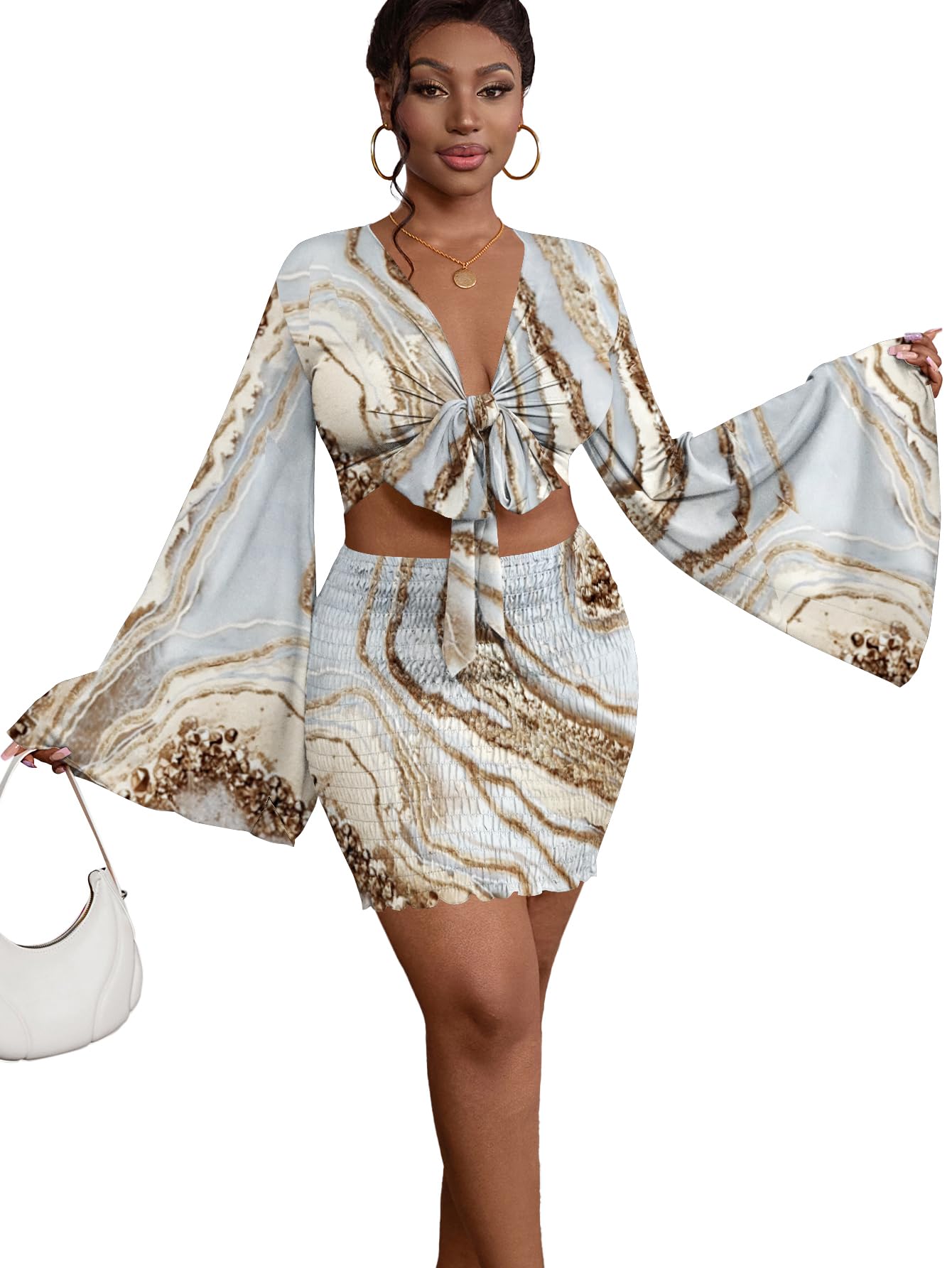 LYANER Women 2 Piece Vacation Outfits Tie Knot Front Bell Long Sleeve Crop Top and Mini Skirt Summer Set
