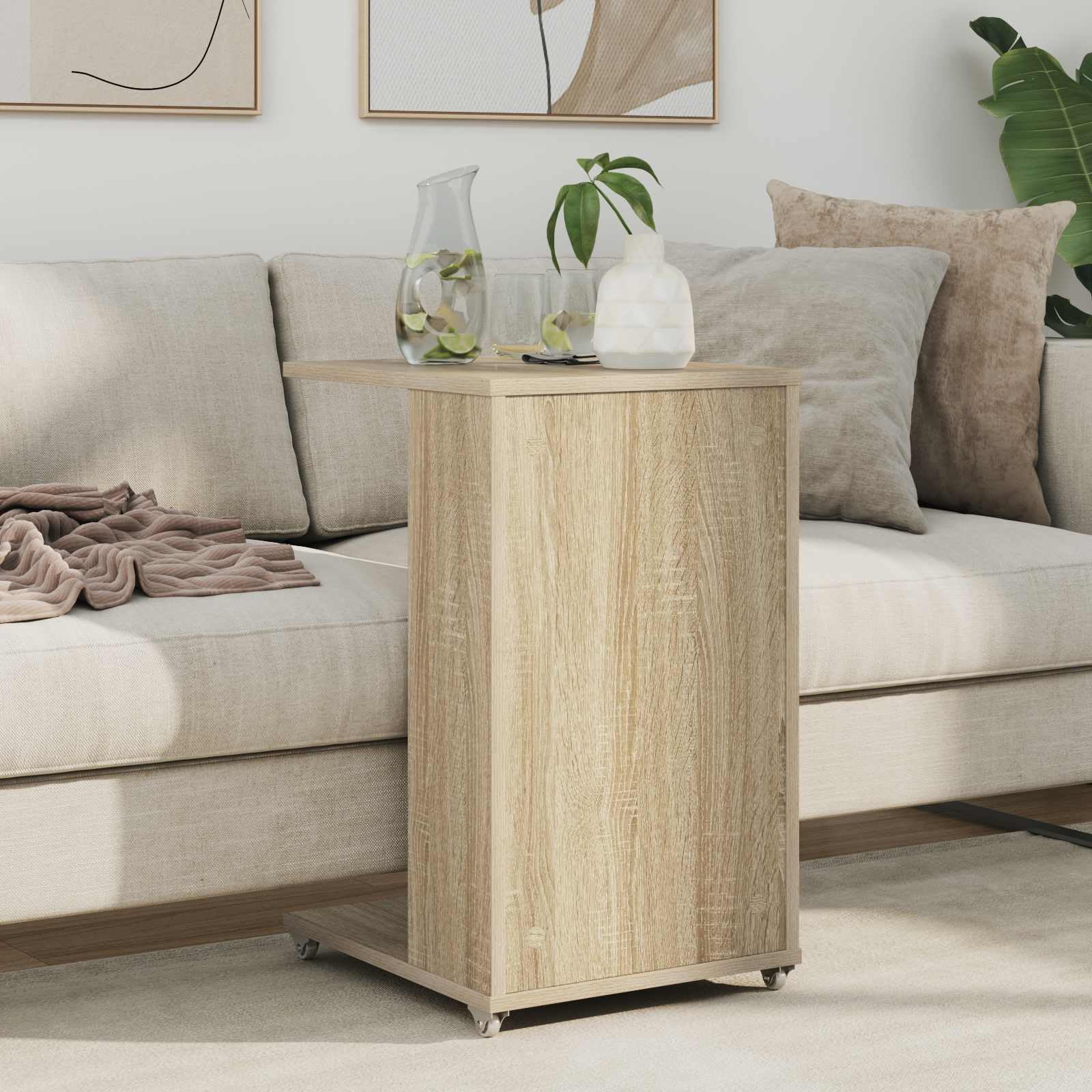 Mesa auxiliar de roble Sonoma de madera de 40 x 35 x 60 cm con ruedas, moderna mesa de almacenamiento para salón, dormitorio, pasillo, flexible como mesa de café o mesita de noche