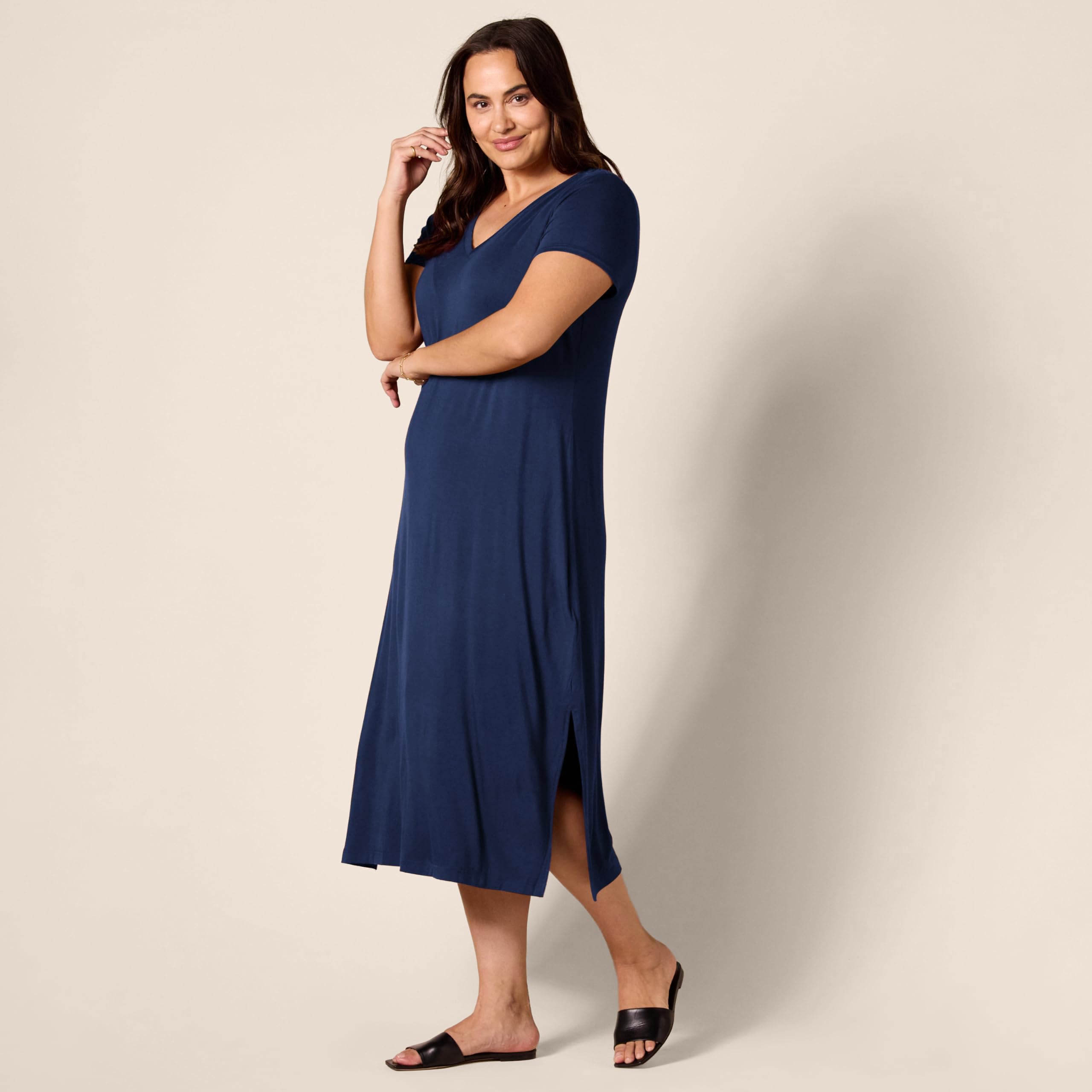 Amazon Essentials Abito Midi a Maniche Corte con Scollo a V in Jersey Donna