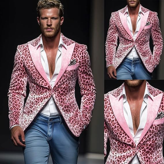 Men's Pink Leopard Blazer Slim Fit Peaked Lapel Velvet for Party