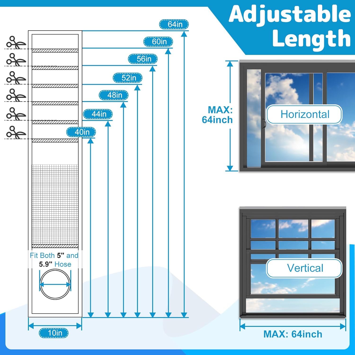 Air Jade Portable Air Conditioner Window Kit, Insulated Window Seal Kit with Mesh Vent, Adjustable AC Vent Kit from 40" to 64", Sliding Window Vent Kit with Leaf Guard, Fit 4", 5" and 5.9" Duct & Hose