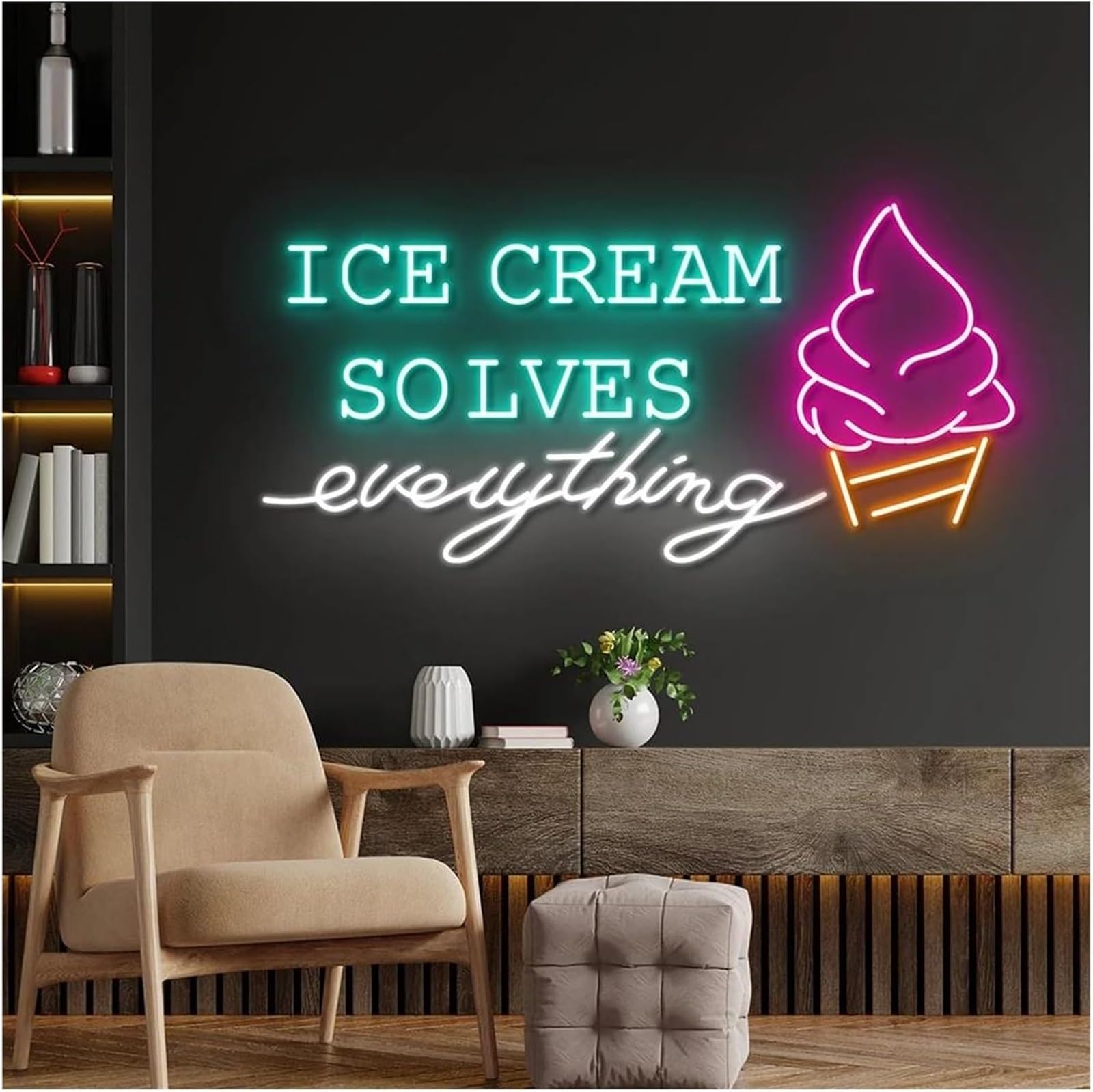 Wexxaii neon Light Sign Soothing Ambiance Lamp Neon Signs Ice Cream Solve Everything Powered By, Adjustable Brightness(B,40cm)