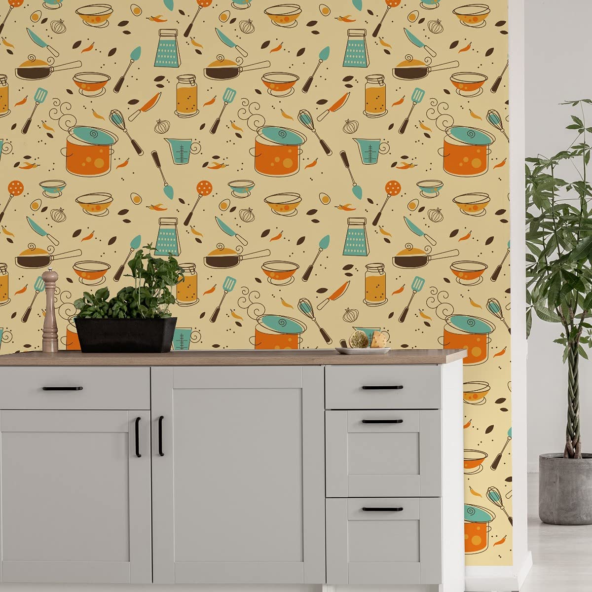 Muralo Tapeta 10 m, rolka włókniny, sztućce, noże, garnki, patelnie, warzywa, tapeta z włókniny, 1000 x 53 cm, tapeta ścienna, do salonu, sypialni, nowoczesna dekoracja ścienna